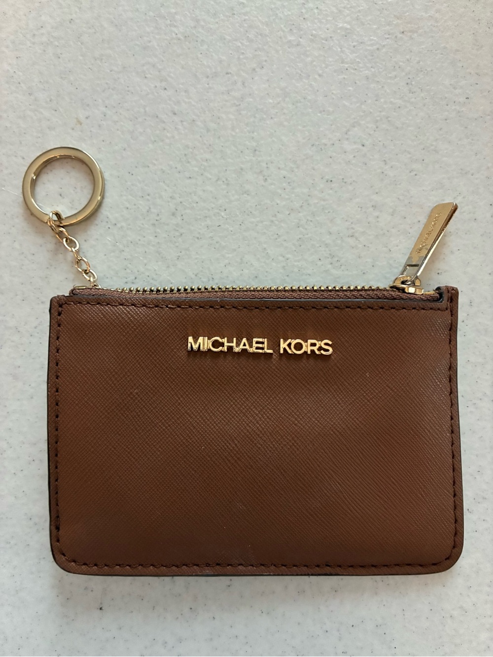 Michael Kors Brown Jet Set Travel Leather Zip Card Holder with Gold Keyring